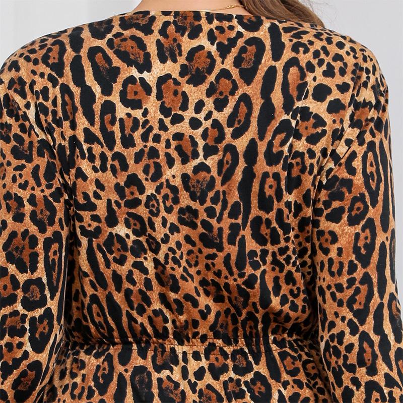 Осеннее эластичное трикотажное платье с леопардовым принтом и V-образным вырезом средней длины, сексуальное женское платье больших размеров с длинными рукавами
