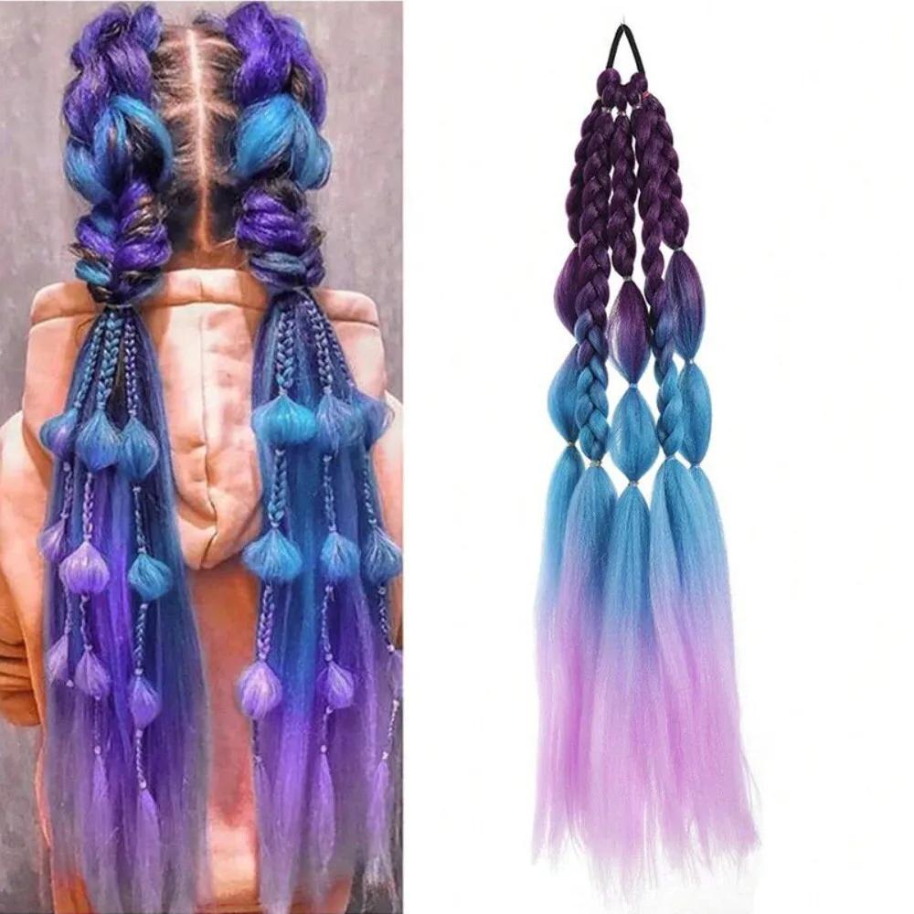 60СМ Цветная Коса-пузырь Синтетический Парик Модный Хип-хоп Цветной Градиент Женский Парик Имитация Натуральных Высокотемпературных Шелковых Волос