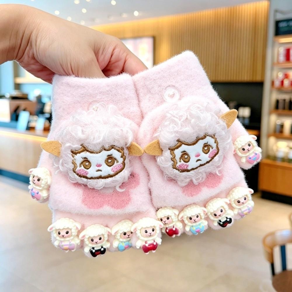 Plush Fingerless Gloves Fleece Lined Half Finger Gloves Gifts Flap Cover for Girls
