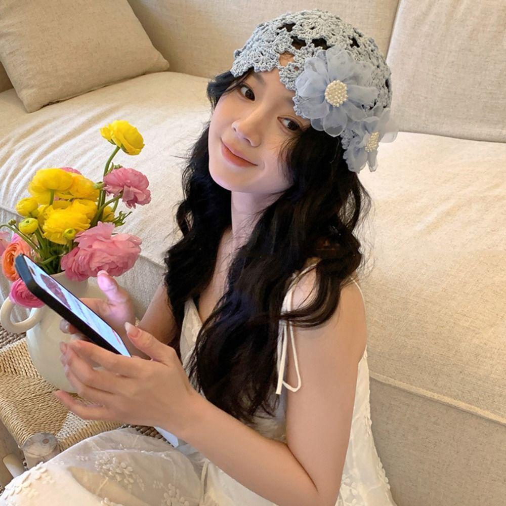 Pearl Hollowed Out Knitted Hat Elegant Bohemian Style Beanies Sweet Crochet Flower Hat Girls