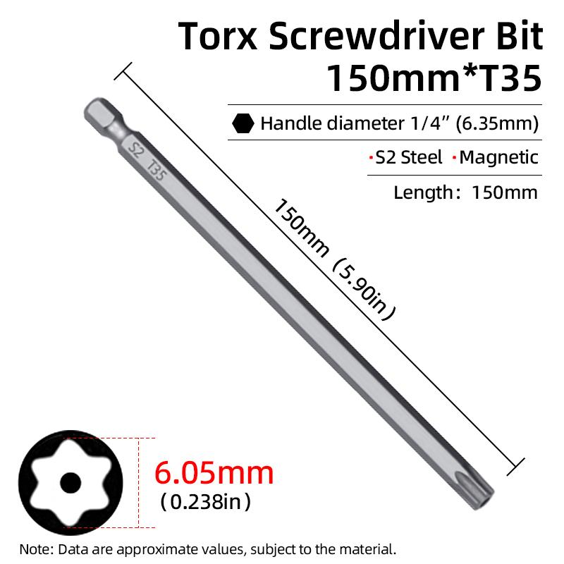 Магнитная отвертка Torx 150 мм T6-T40 1/4" шестигранный хвостовик полое отверстие сливовый цветок безопасные биты S2 сталь электрический ручной инструмент