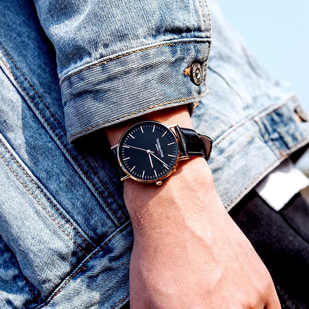 Простые большие кварцевые часы с мягким ремешком, съемные водонепроницаемые часы унисекс, популярный подарок [VICTORIA HYDE] мужские женские (Черный + Золотой)