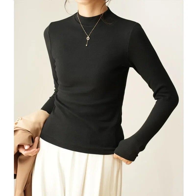 Модная футболка из чистого хлопка с U-образным вырезом, женские топы с длинным рукавом, свободная тонкая женская футболка, осенние однотонные женские повседневные футболки 30530