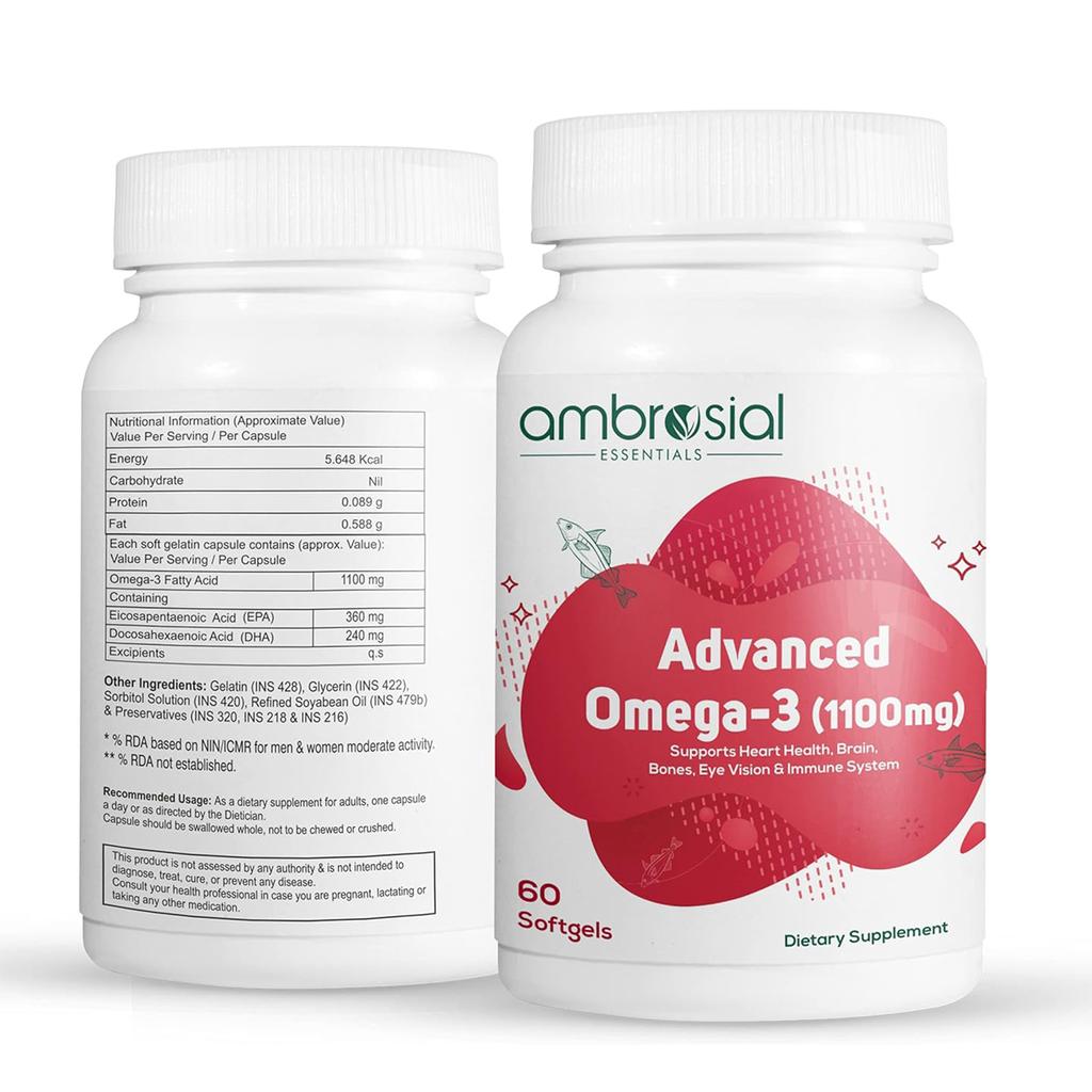 AMBROSIAL Advanced Omega 3 Fish Oil High Strength Capsules 1100mg с 360mg EPA и 240mg DHA Поддерживает здоровье сердца и иммунитета 60 Softgels