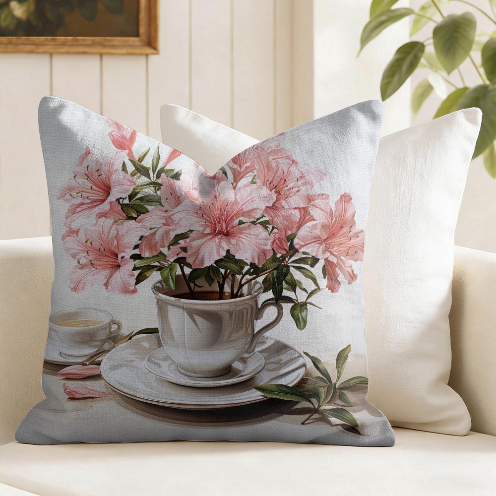 Painting Cup of Flowers Cushion Cover Summer Linen Pillow Case Organic Fabric Cushion Cover DoubleSided Print Sofa Home Decor