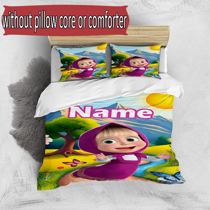 3pcs Duvet Cover Set (1*Duvet Cover + 2*Pillowcase, Without Core), Custom Name Masha and The Bear Pattern Bedding Set, Home Bedroom Decor Gift