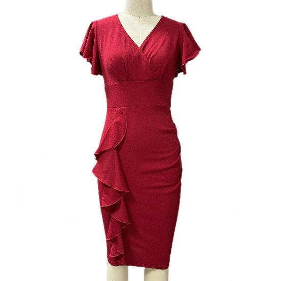 Женское летнее платье с V-образным вырезом и короткими рукавами с рюшами, однотонное, мягкое, плотное, с высокой талией, эластичное, OL, для поездок на работу, до колена, для вечеринки, клуба, формальное платье миди