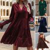 Spring Fall Women Dress Golden Velvet V Neck Pleated Patchwork Long Sleeves A-line Solid Color Knee Length Dating Shopping Midi Dress