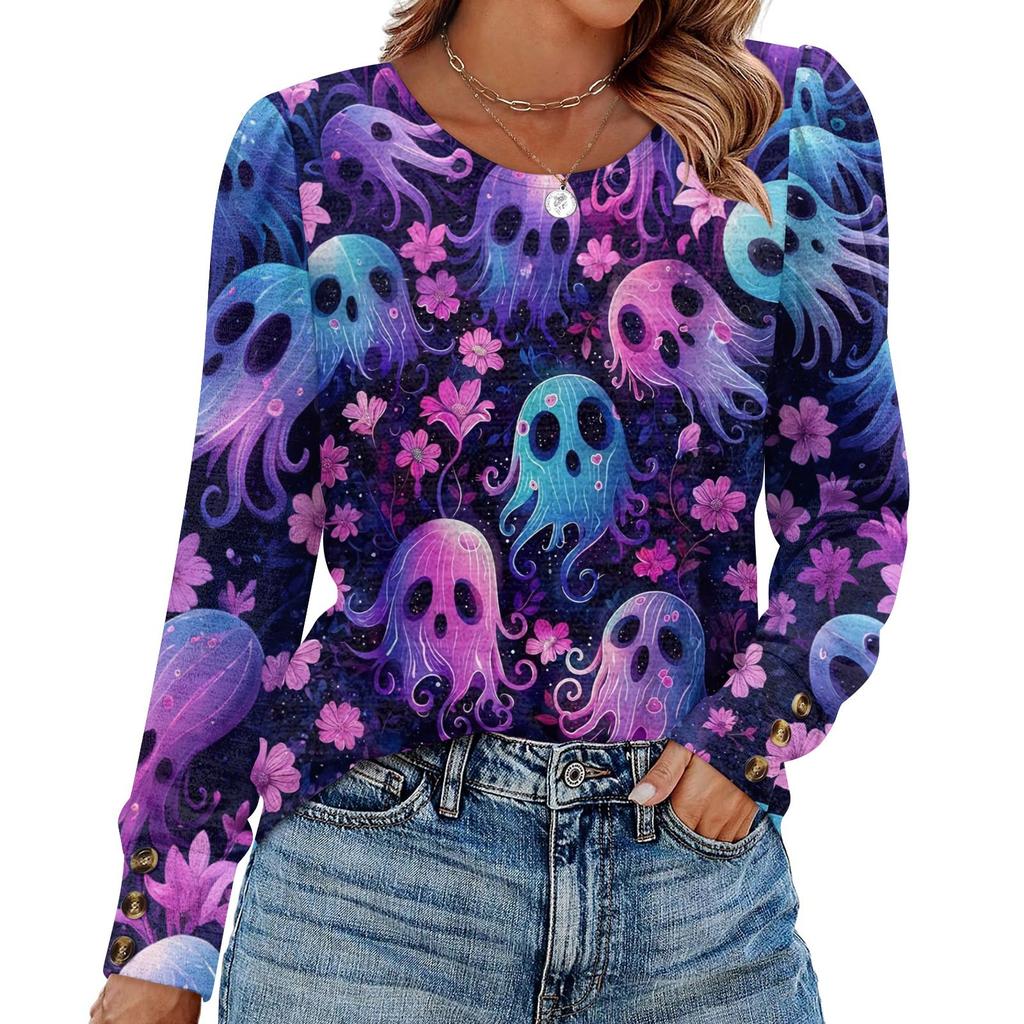 Женский модный топ с длинными рукавами и принтом на Хэллоуин