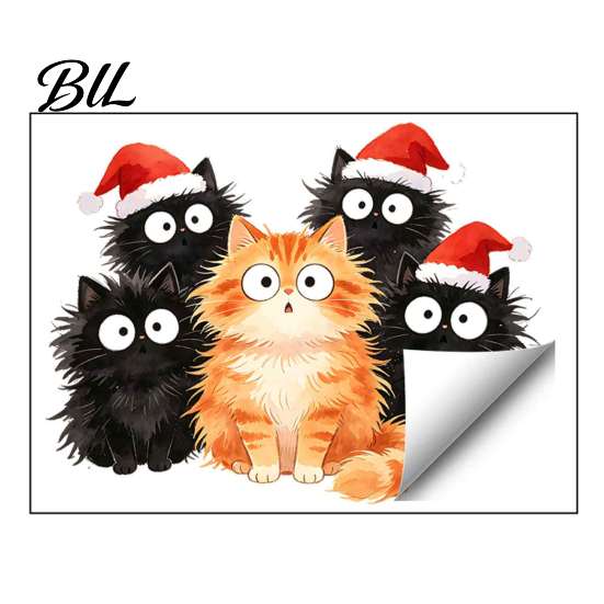 Gift for Cat Lovers Christmas Window Cling, Cartoon Cats Sticker with Santa Hat, Removable DIY Scene Decals PVC Static Glass Decal Holiday Bedroom