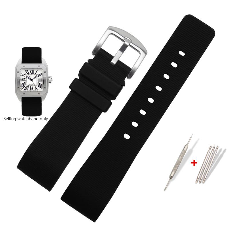 Ремешок для часов Cartier Sandoz Santos 100 W20073X8 W20106X8 W2020008 Силиконовый каучуковый браслет Мужской Женский Черный ремень 20 23 25 мм
