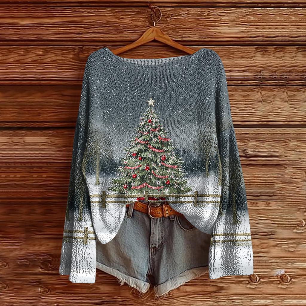 Women's Christmas Print Lightweight Sweater Casual Long Sleeve Knitted Pullover