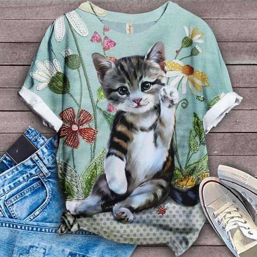 Summer Women's Fashion Short Sleeve T-shirt Cat 3D Print Hot Sale Streetwear Female Shirt O-Neck Regular Casual Blouse