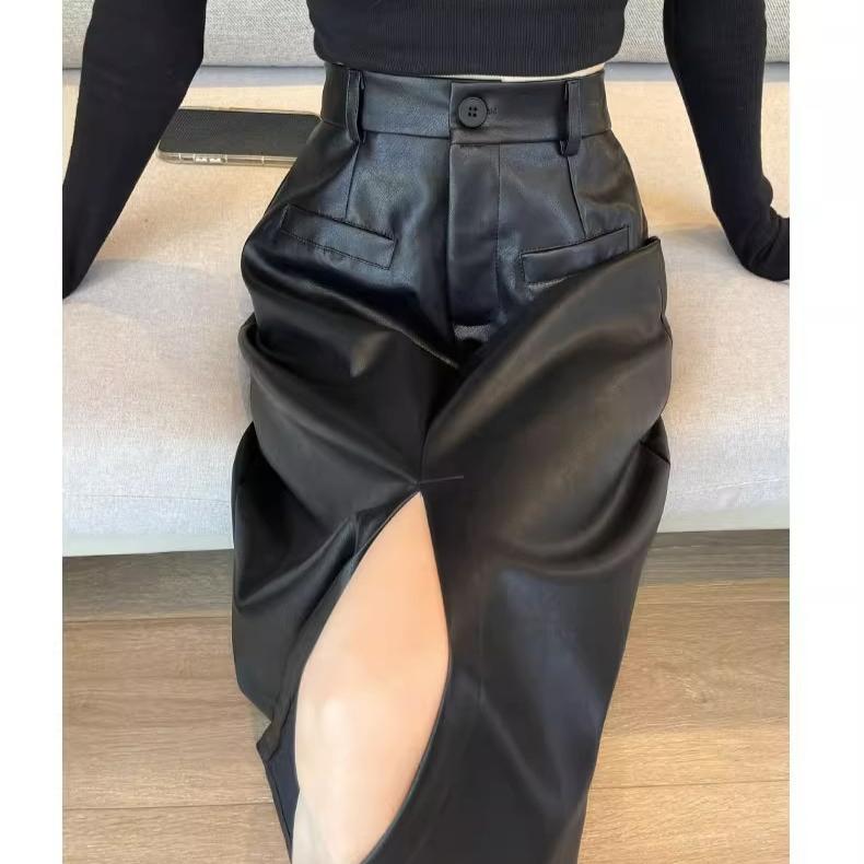Черные женские юбки из искусственной кожи с высокой талией, элегантные длинные юбки для женщин на осень-зиму