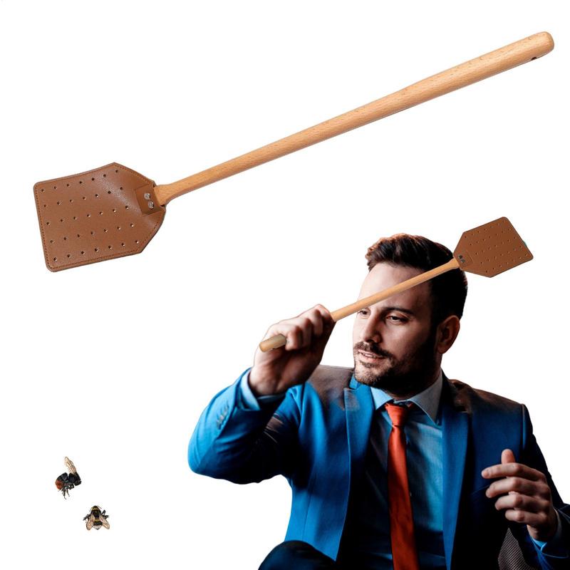 PU Leather Fly Swatter With Long Wood Handle Sturdy Durable Flyswatter For Indoor And Outdoor Pests Control Rustic Swatter