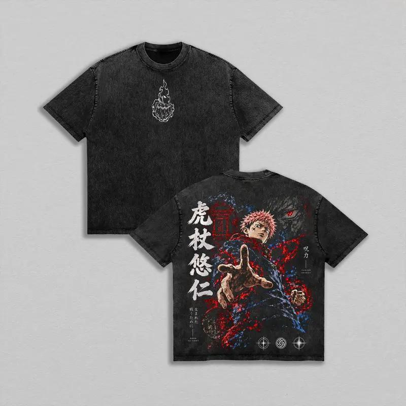 Jujutsu Kaisen Yuji Itadori Print T-shirt Vintage Washed T Shirt Men Women Harajuku Anime Short Sleeve Oversized Streetwear Top