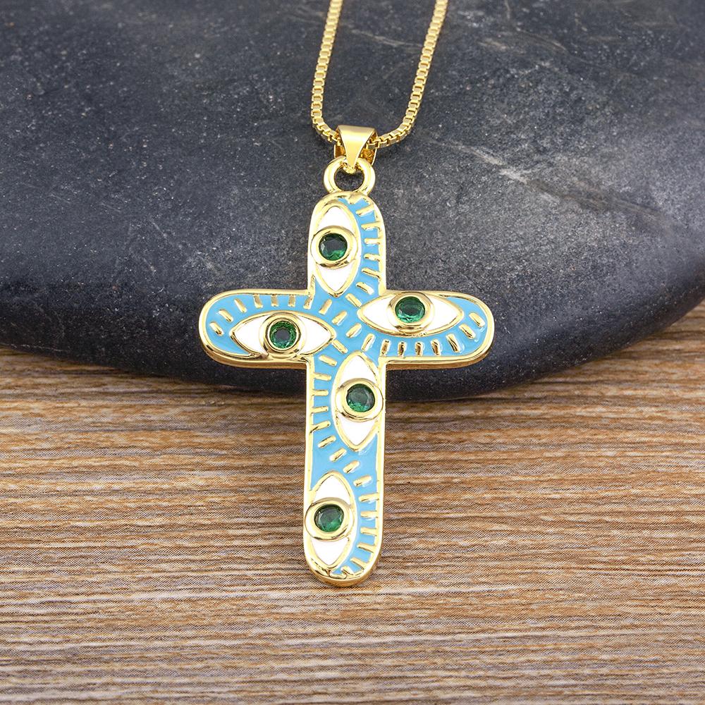 Nidin Classic New Design Evil Eye Cross Pendant Necklace 5 Colors For Women Men Shine Zircon Chain Choker Jewelry Accessories