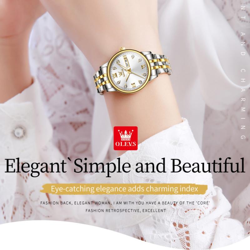 OLEVS Женские часы Модные часы Двухдневный календарь с ночным светом Водонепроницаемые кварцевые часы высокого класса