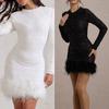 Women's Sequin Feather Trim Mini Dress Long Sleeve Sexy Shiny Bodycon Dress Sparkly Cocktail Gown for Birthday Party Club Night