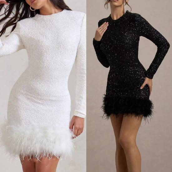 Women's Sequin Feather Trim Mini Dress Long Sleeve Sexy Shiny Bodycon Dress Sparkly Cocktail Gown for Birthday Party Club Night