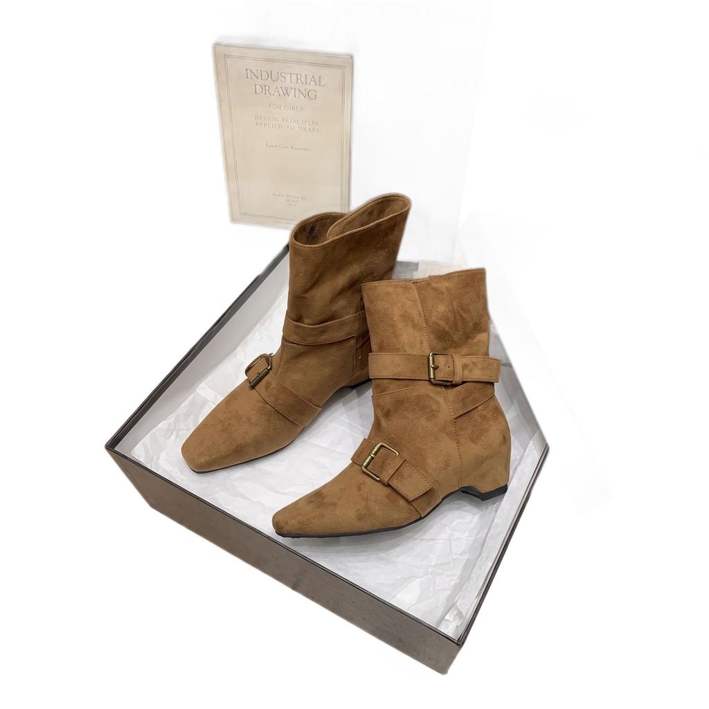 Inner height increase~ retro suede small square head short boots for women, new comfortable and versatile thin boots for women in autumn and winter