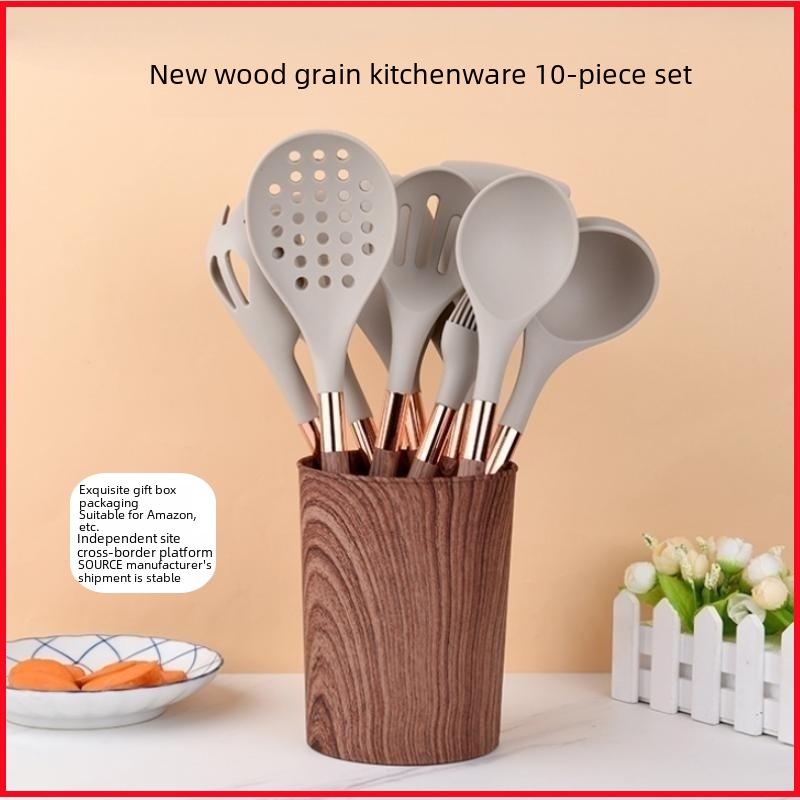 Набор из 11 предметов кухонной утвари из силикона с текстурой под дерево - антипригарные и термостойкие кухонные принадлежности