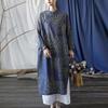 Women Print Floral Vintage Dress Stand Button Bat Sleeve Robes  Autumn Ramie Chinese Style A-Line Dresses
