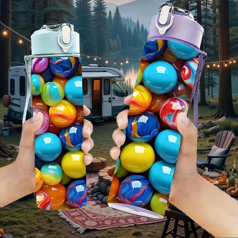 1PC Round Multicolored Ball Bead Print 750ml Color Plastic Sports Water Bottle Leakproof Flip Straw Lid Suitable for Sports Office Home Use