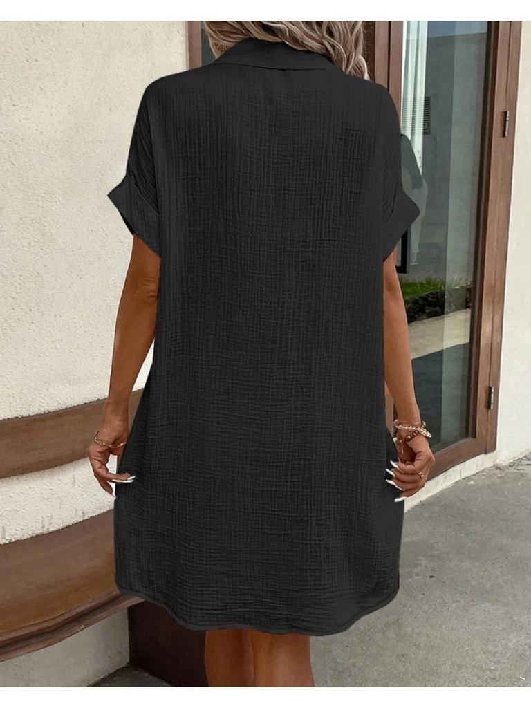 V Collar Solid Color Button Dress High Waist Elegant Shirt Dress for Women Short Sleeve Loose Dresses Causal Dress