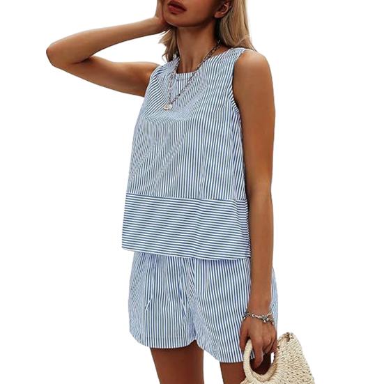 Женские летние комплекты из 2 предметов: майка без рукавов, шорты, повседневные полосатые спортивные костюмы, комплект для отпуска на пляже