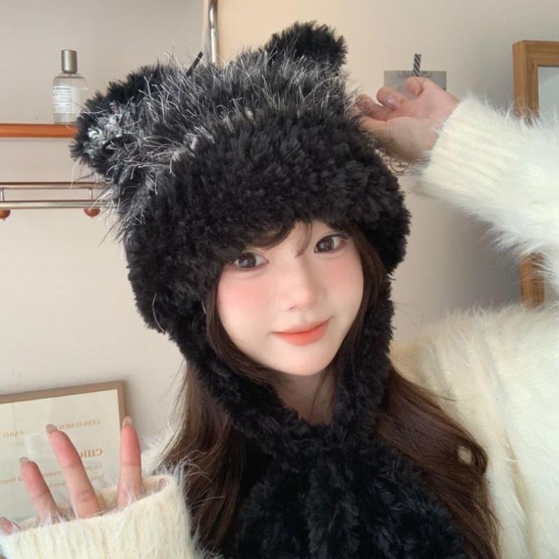 Шапка женская новая осенне-зимняя милая плюшевая шапка с кошачьими ушками теплая защита ушей большой обхват головы тренд