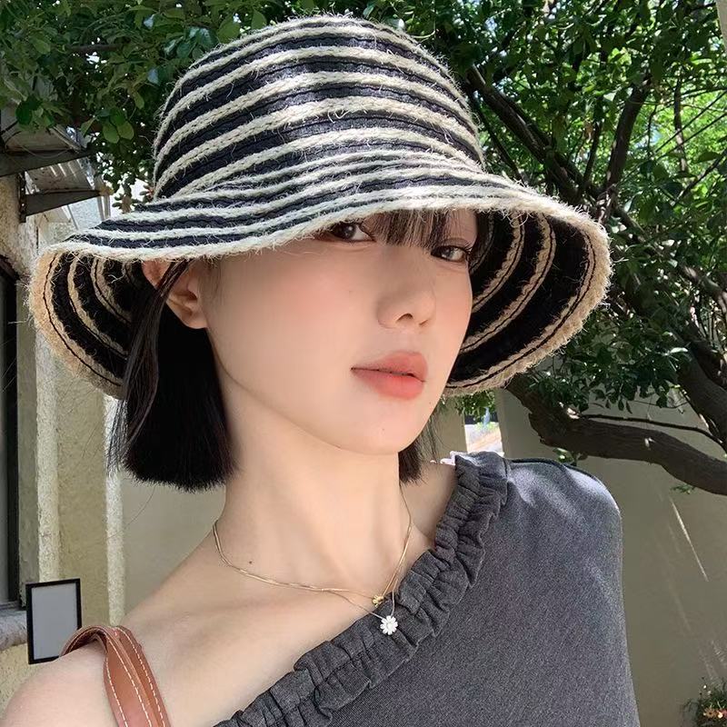 Hemp rope straw striped bucket hat women's summer casual versatile sunscreen basin hat outdoor sun hat straw hat big brim