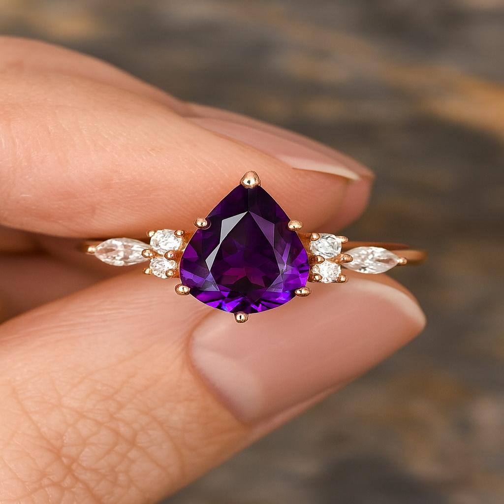 Pear Cut Amethyst Engagement Ring Rose Gold Plated | Purple Amethyst Cluster Ring | Vintage Marquise Moissanite | Dainty Promise Ring