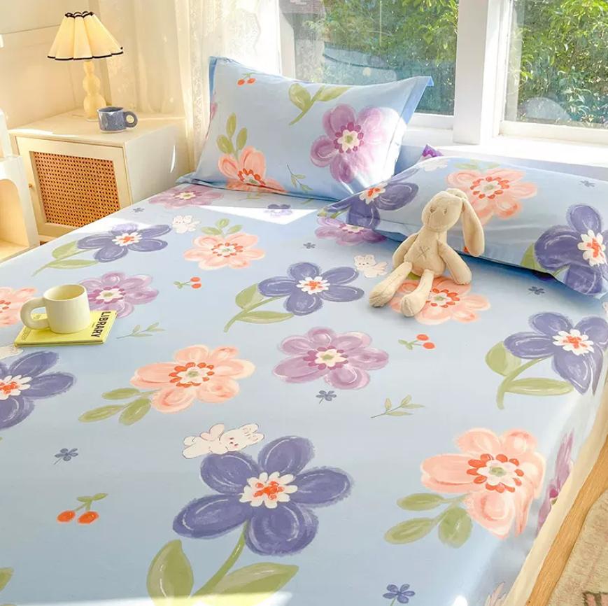 Cartoon Space Animal Printed Fitted Sheet with Elastic Band + 2pcs Pillowcases 100% Cotton Mattress Protector For Kids 16 Sizes