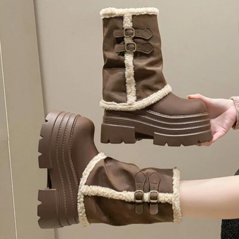 Fur Super High Heels Women High Boots Brand Platform Plush Warm Leather Shoes Winter 2025 Trend Goth Chelsea Fashion Botas Mujer