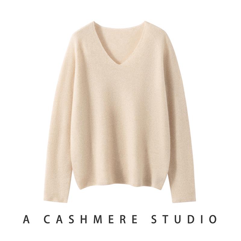 Women's Soft 100% Cashmere V-Neck Sweater - Loose Fit, Long Sleeve, Solid Color Knitwear for Autumn and Winter