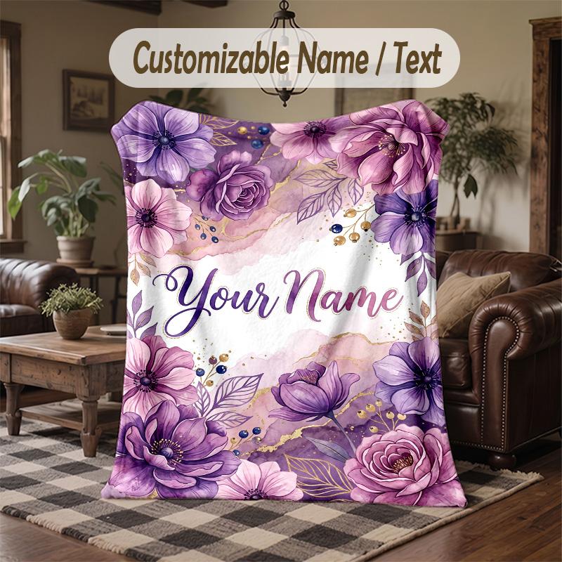 Floral Art Theme Throw Blanket Custom Name Text Personalized Blanket Soft Cozy Blanket for Home Sofa Bed