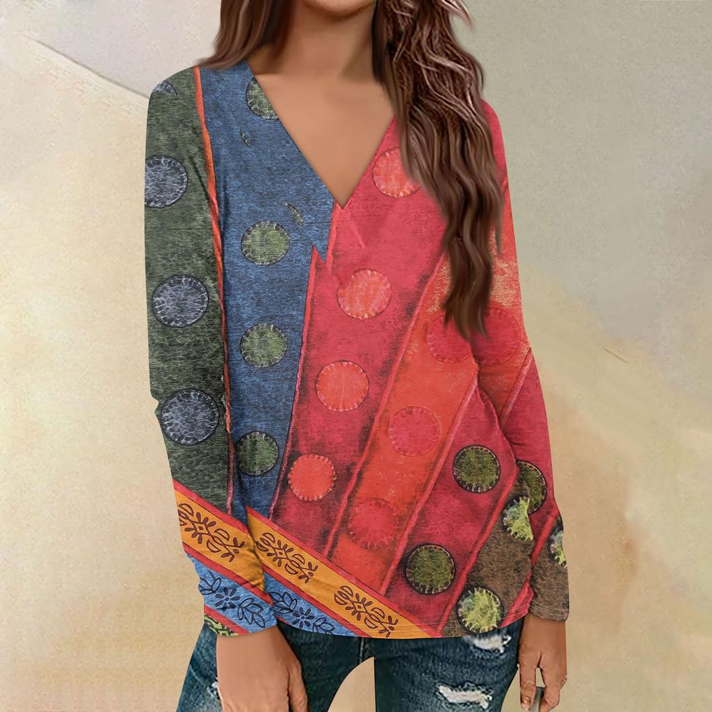 Women's Casual Printed Long Sleeve Loose V-Neck Pullover Top