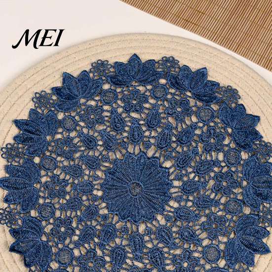 Tea Tray Mats Round Lace Doily, Dark Blue Floral Placemat, Embroidered Table Thickened Polyester Doilies Mat, Heat-resistant for Home Decoration