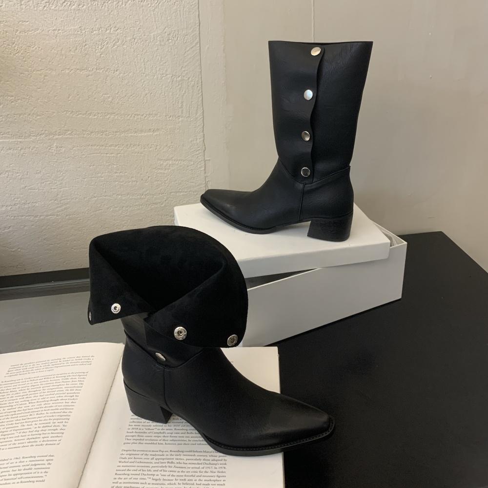 Fashion Ladies Winter Boots Retro Button Two Wear Chunky Heel Comfortable Western Mid Heel Short Boots Women