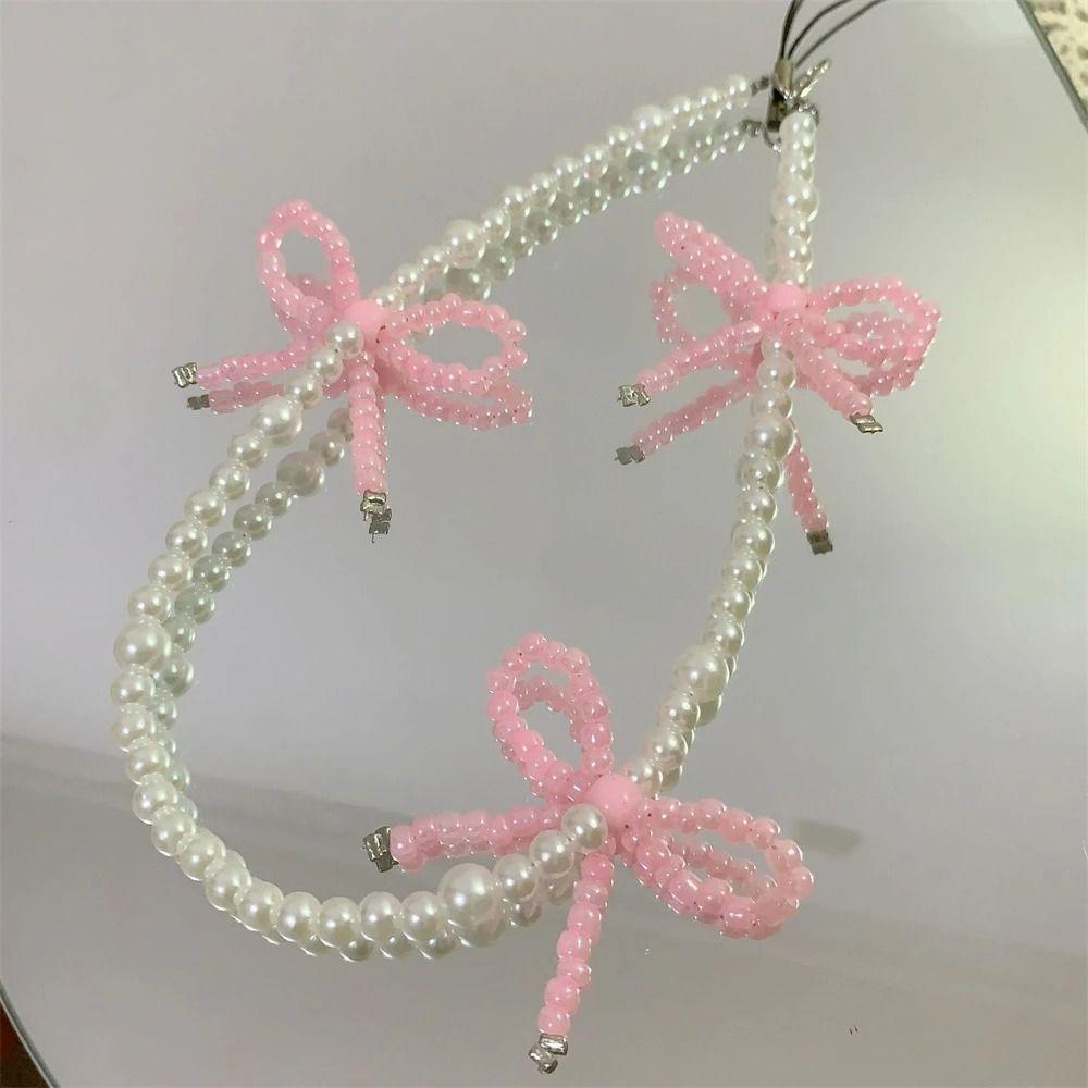 Korea Pink Bowknot Pearl Pendant Beaded Rope Strap New Phone Accessrioes