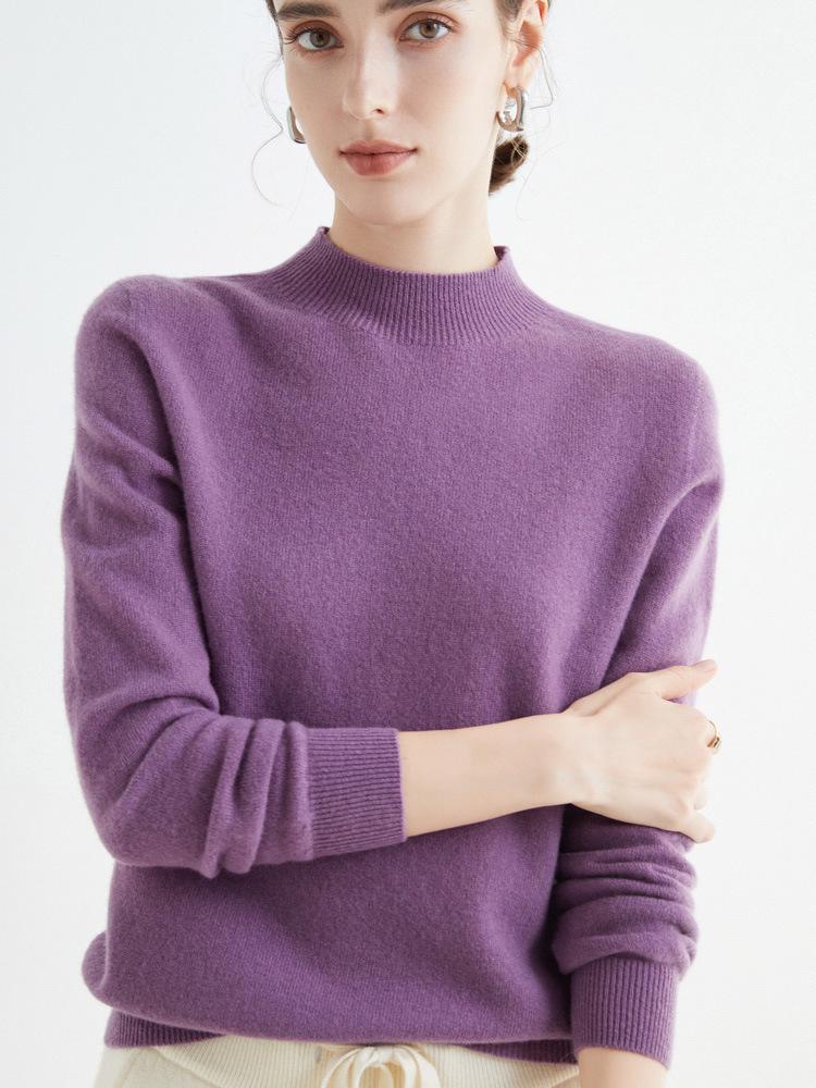 Women's Slim-Fit Autumn Sweater: Fashionable Half-High Neck, Versatile Pure Wool for Base Layer or Outerwear, Skin-Friendly