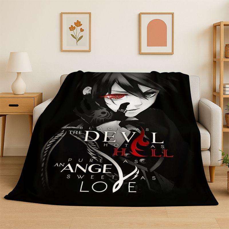 Black Butler Cartoon Anime Flannel Blanket Soft Warm Throw Blanket for Bedroom Living Room Bed Travel Camping Picnic Gift