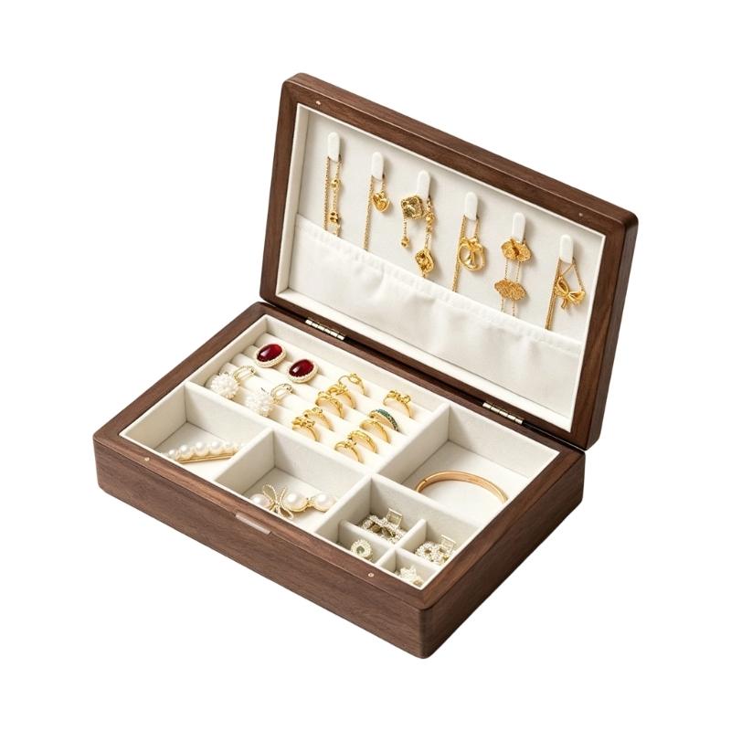 Jewelry Storage Box with Wooden Exterior, Hinged Lid, Necklace Hooks, Ring Slots, and Separate Lower Sections