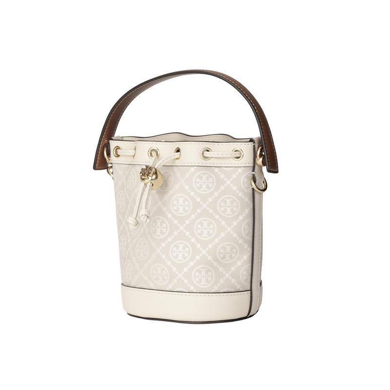 TORY BURCH T Monogram presbyopia printed drawstring jacquard fabric leather piping bucket bag shoulder crossbody handbag mini women's ivory 80534-254