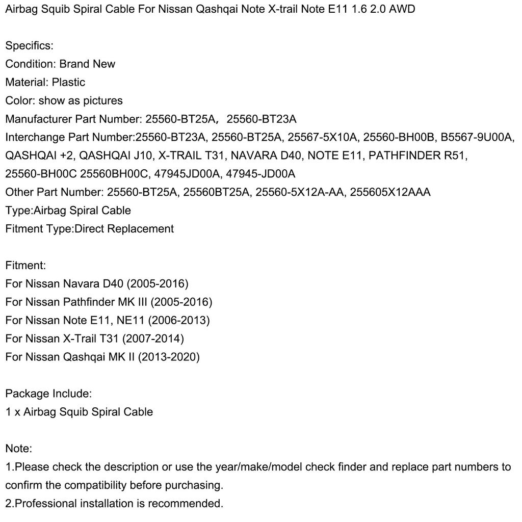 Шлейф подушки безопасности для Nissan Qashqai Note X-trail Note E11 1.6 2.0 AWD