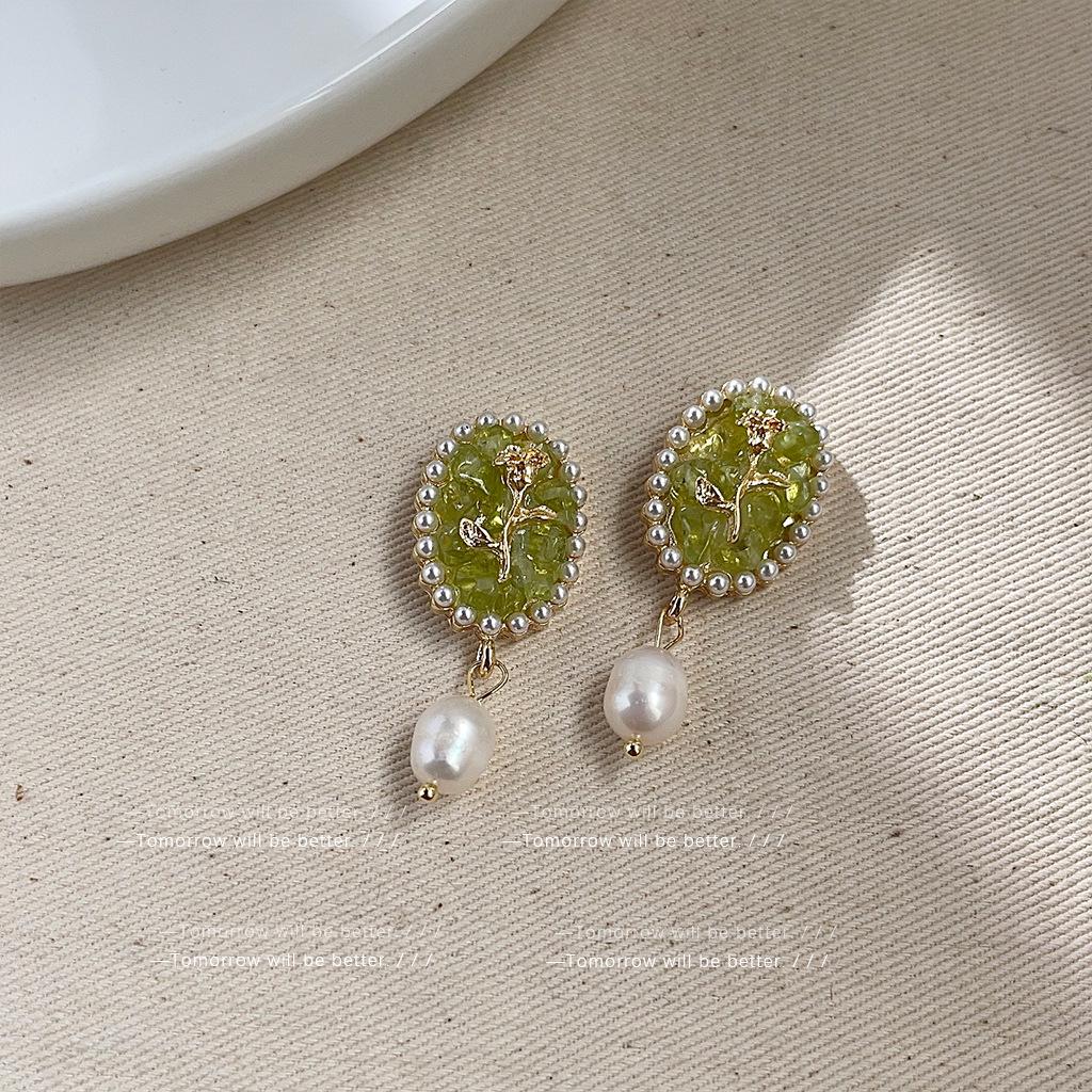 Green Floral Earrings - Japanese Korean Sweet Tea Series, High-End Whitening Ear Accessories