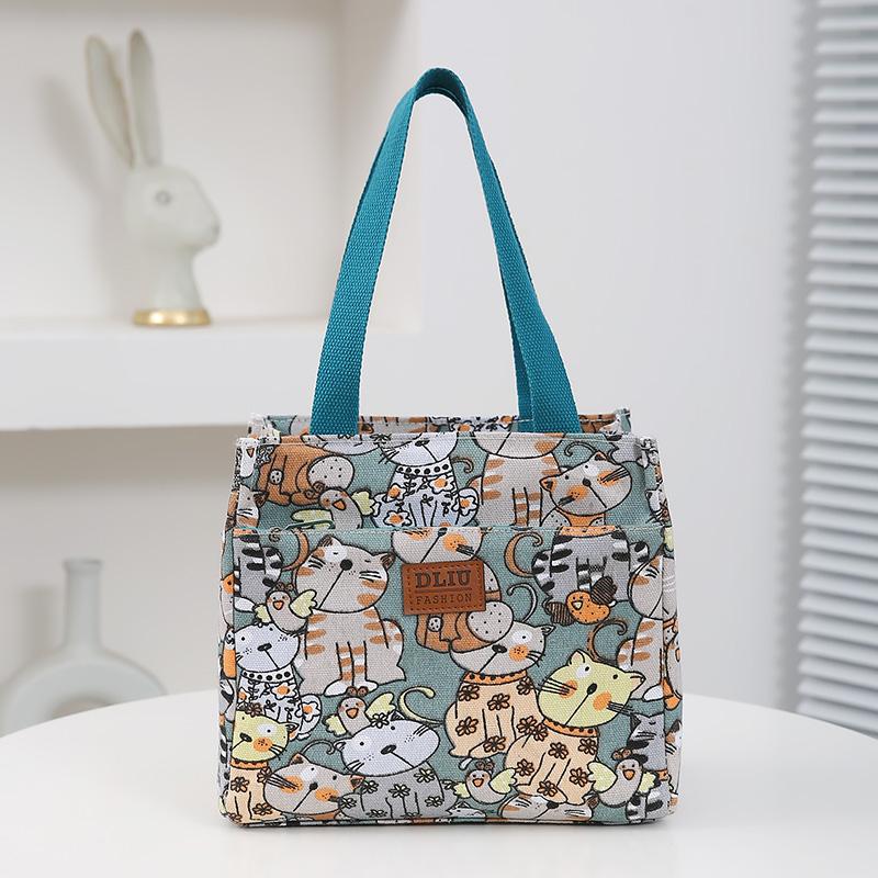 Portable Cute Kitten Printed Bento Bag Reusable Tote Ice Bag Travel Picnic Insulated Lunch Bag