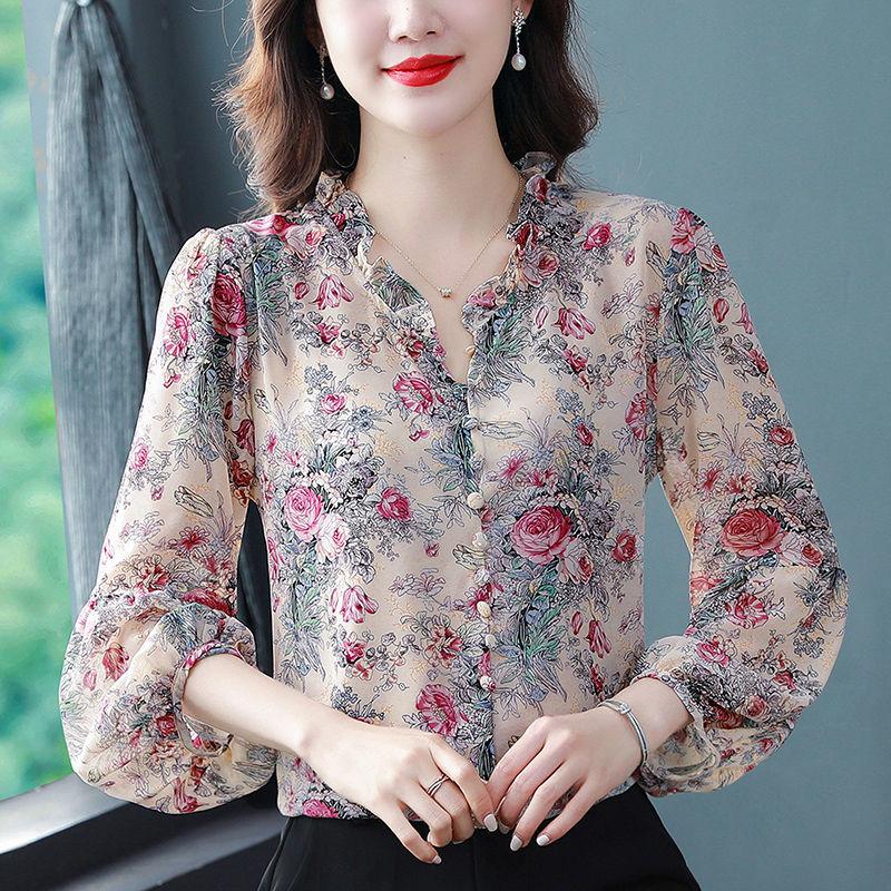 Fashion Ruffle Floral Print Chic Sweet Chiffon Shirt Spring Autumn New Women's Casual Lantern Long Sleeve Top Blouse Blusas