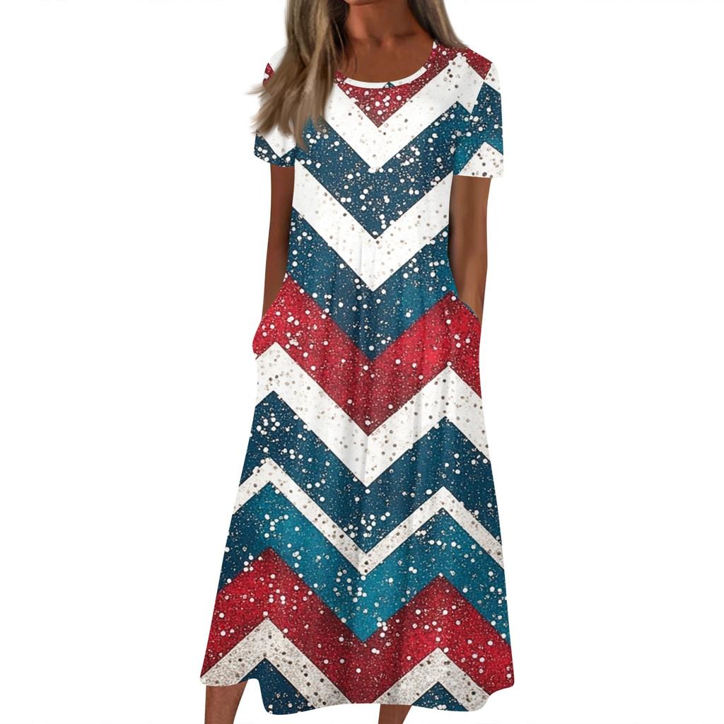Женское летнее повседневное модное платье с коротким рукавом и карманом на День независимости с коротким рукавом
